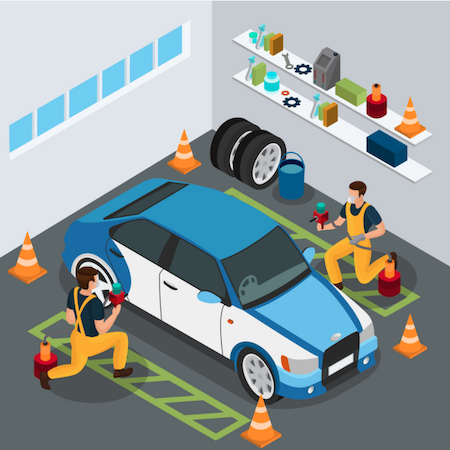 Isometric image of two men painting car for auto body service